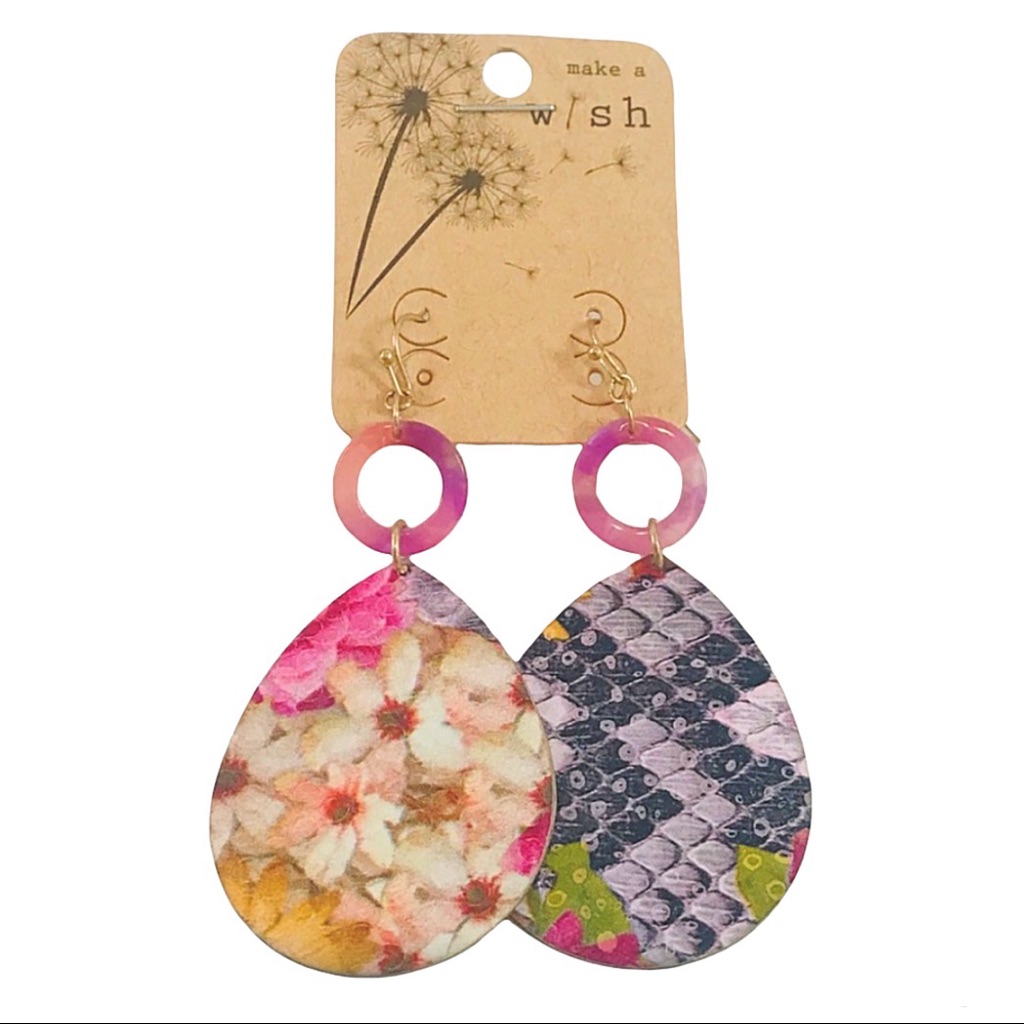 Wish Pink & Gray Lightweight Dangle Teardrop Floral Snakeskin Earrings Nwt